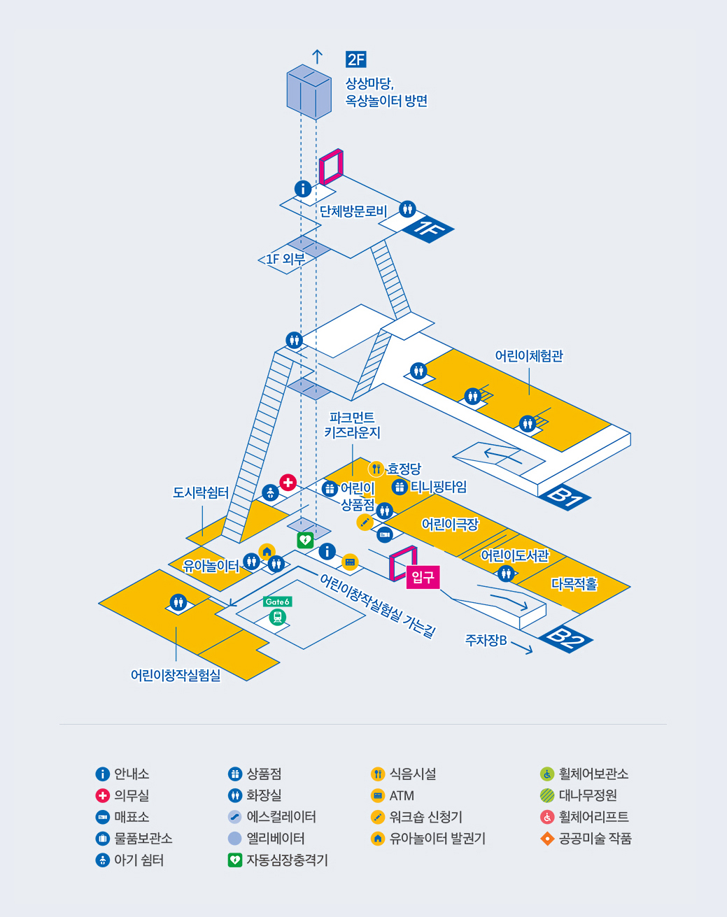 B2(지하2층) 어린이극장 - 해당 층에는 4.어린이창작실험실, 5.유아놀이터, 6.도시락쉼터, 7.시아홀, 8.어린이극장, 9.어린이도서관, 10.다목적홀, 화장실(있음), 엘리베이터(있음), 물품보관소(있음), 수유실/어린이휴게실(있음), 안내소(있음), 매표소(있음), 의무실(있음), 입구