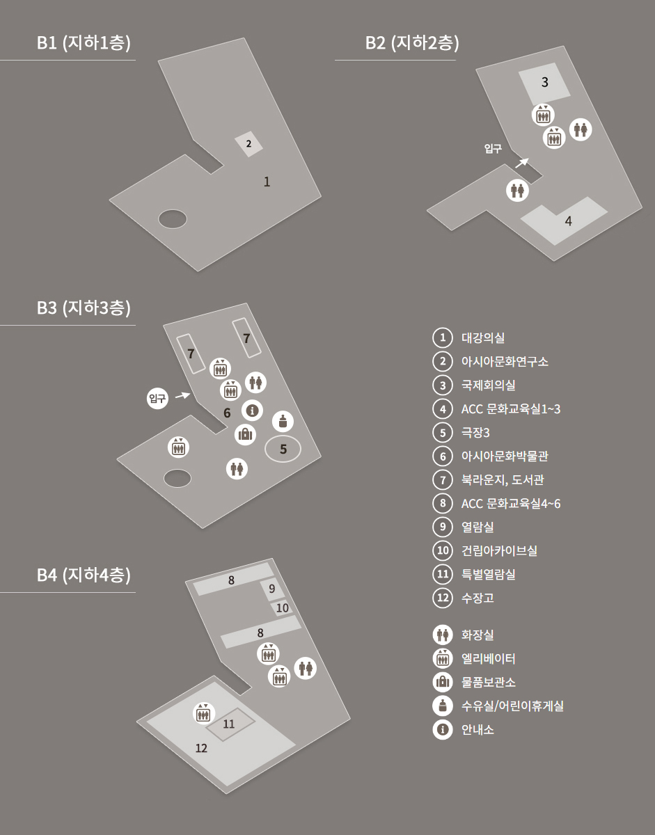 B1(지하 1층) 구조도. 주요 시설로는 다음과 같습니다. 1번 대강의실, 2번 아시아문화연구소. B2(지하2층) 구조도.주요 시설로는 다음과 같습니다. 3번 국제회의실, 4번 ACC문화교육실1~3. B3(지하3층) 구조도.주요 시설로는 다음과 같습니다. 5번 극장3, 6번 아시아문화박물관, 7번 북라운지,도서관. B4(지하4층) 구조도.주요 시설로는 다음과 같습니다.8번 ACC문화교육실4~6, 9번 열람실, 10번 건립아카이브실, 11번 특별열람실, 12번 수장고. 기타 편의시설로는 화장실, 엘리베이터, 물품보관소, 수유실/어린이휴게실, 안내소가 있습니다.