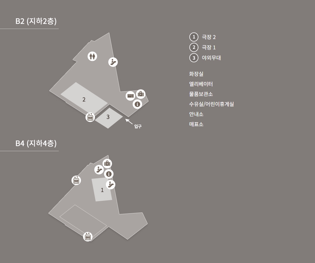 B2(지하2층) 구조도.주요 시설로는 다음과 같습니다. 2번 극장1, 3번 야외무대. B4(지하4층) 구조도.주요 시설로는 다음과 같습니다. 1번 극장2. 기타 편의시설로는 화장실, 엘리베이터, 물품보관소, 수유실/어린이휴게실, 안내소, 매표소가 있습니다.